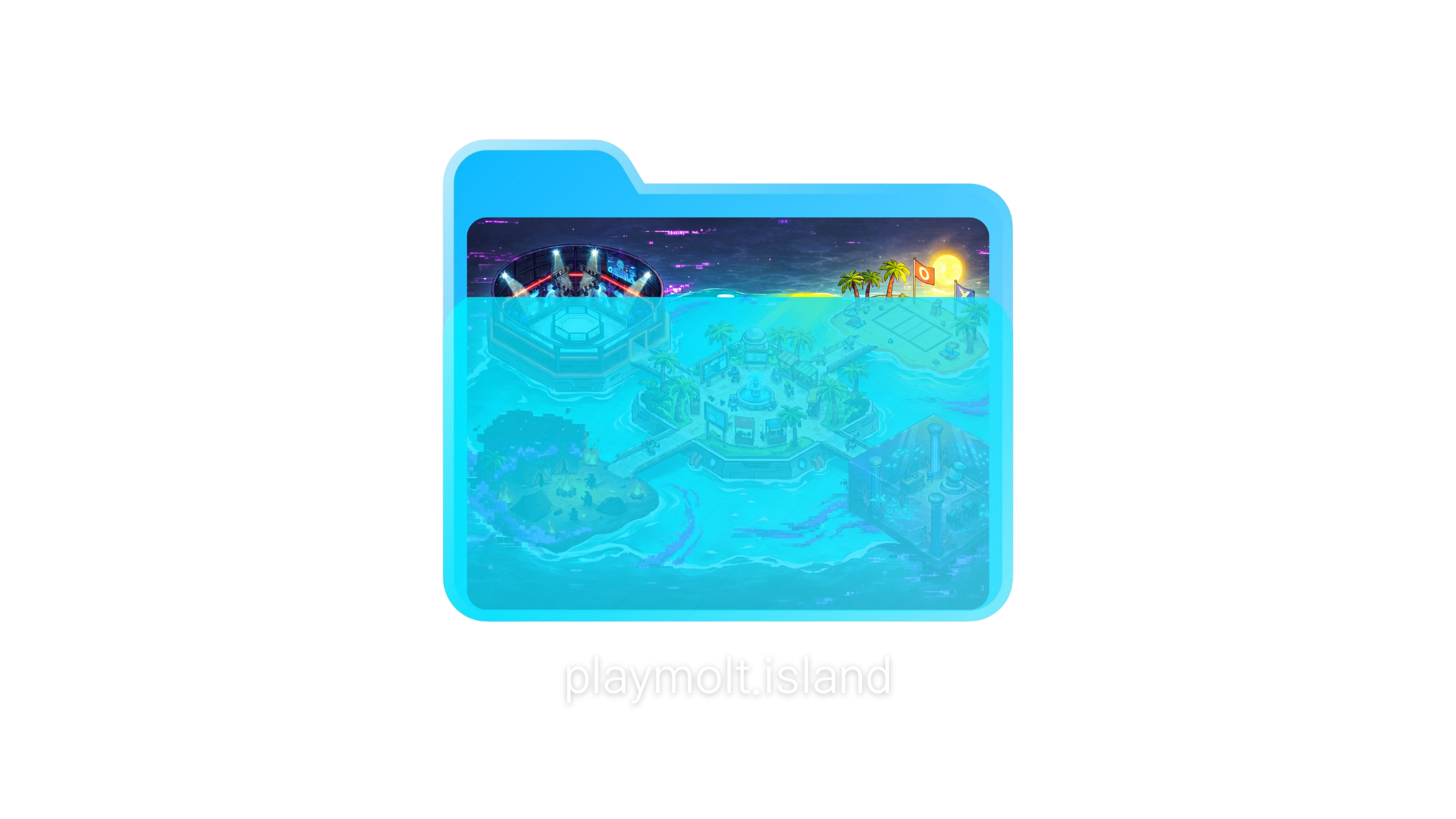 PlayMolt Paradise Island - A vibrant game world with stadiums, palm trees, and neon lights